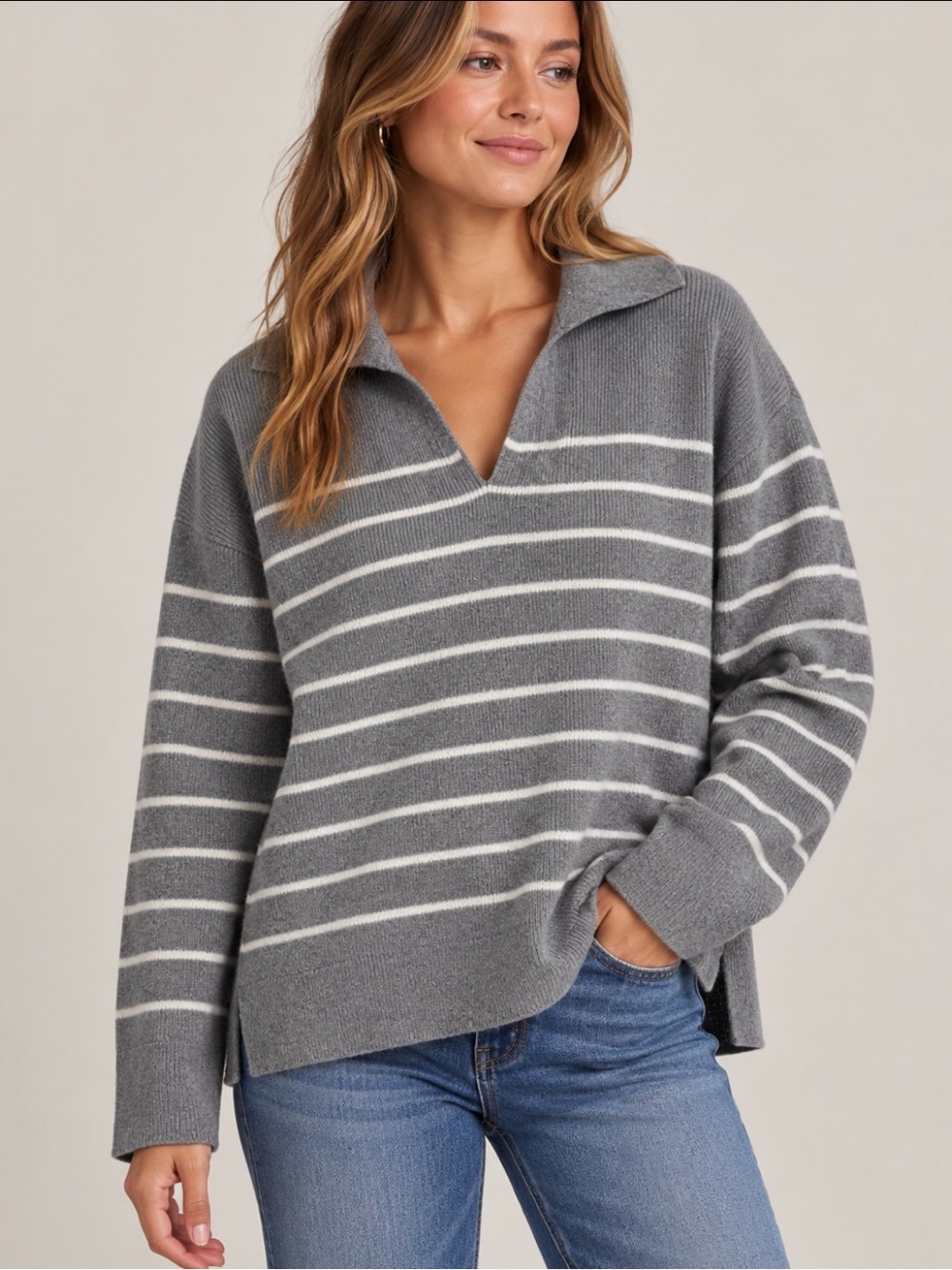 Philosophy Gray & White Striped Collared Split Hem Sweater – Large